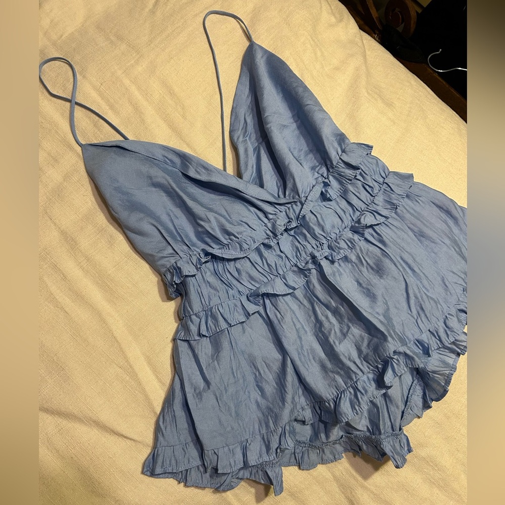 American Threads Blue Ruffled Top - Picture 2 of 6